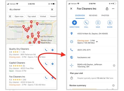 Maps y búsqueda Google My Business Ejemplo móvil